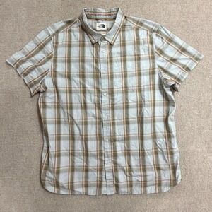 vtg The North Face Mens XXL Plaid SS Button Down Shirt Brown Blue Outdoor